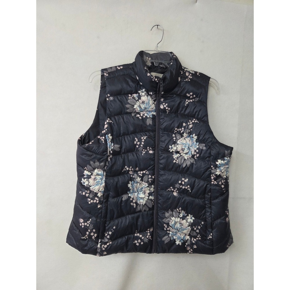 LOFT Floral Puffer Vest Navy Blue White Pink Full Zip Quilted XL 451552